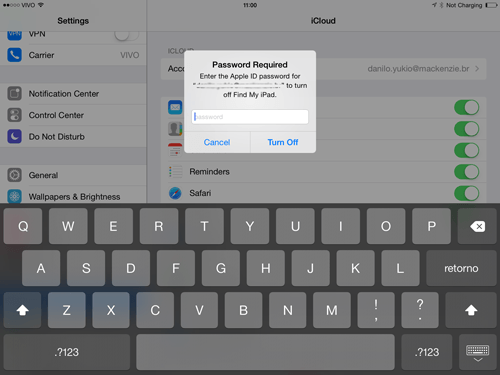 Ao tentar desativar a busca o iOS 7 já irá pedir a senha da conta, para poder liberar a opção