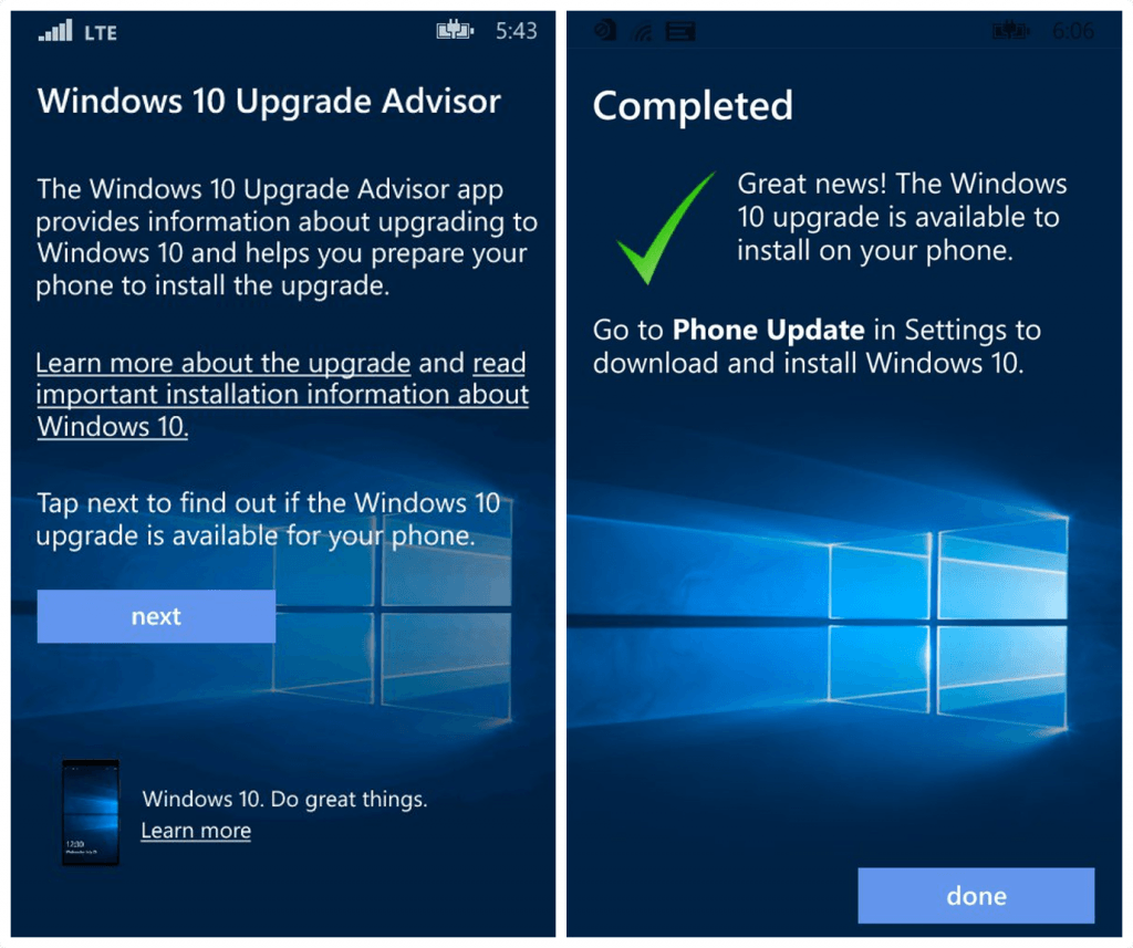 UpdateAdvisor o aplicativo Supervisor de Atualização do Windows 10 Mobile ajuda você a descobrir se seu telefone Windows Phone 8.1