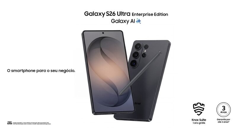 Novo Galaxy S26 Enterprise Edition traz oferece 3 anos de garantia e até 7 anos de atualizações de sistema operacional e segurança | Imagem meramente ilustrativa