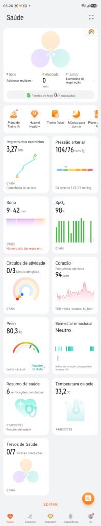 Huawei Saúde funciona como um hub de dados biométricos e controle de dispositivos vestíveis.