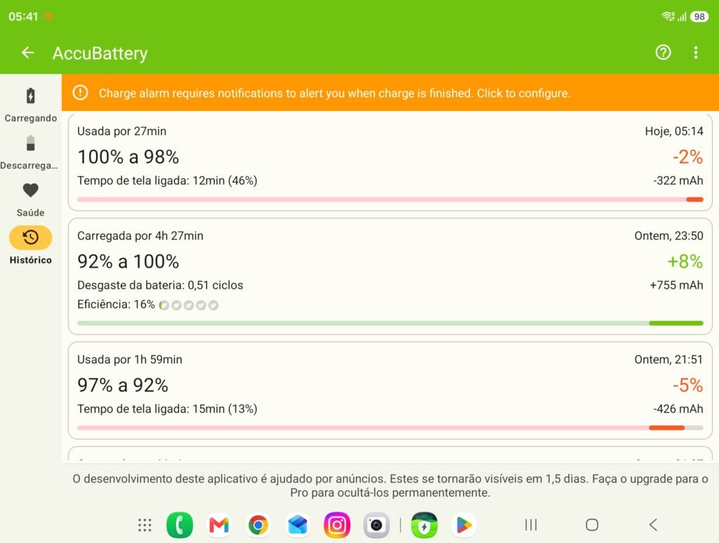 Status de bateria durante o uso
